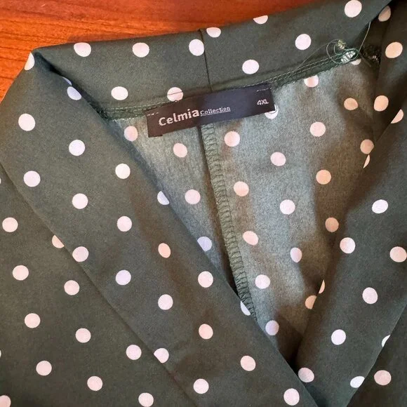 Green Polka Dot Wrap Dress | Puff Sleeve Midi | Celmia Collection 4XL - Picture 6 of 6